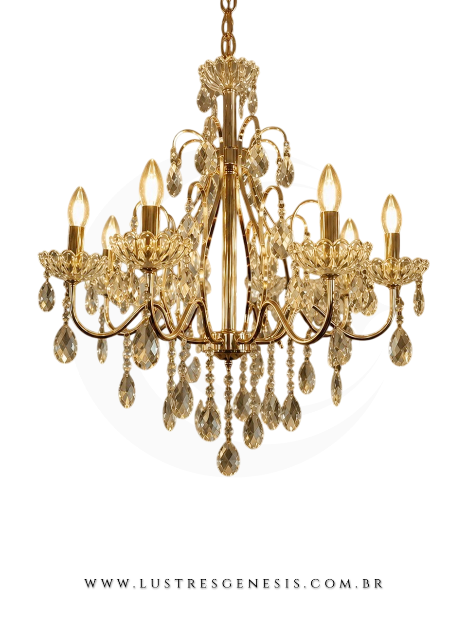 Lustre de Cristal Cl&aacute;ssico Dourado com 8 bra&ccedil;os, ideal para casas com p&eacute; direito duplo. Lustres G&ecirc;nesis loja online de Lustres e Ilumina&ccedil;&atilde;o Decorativa